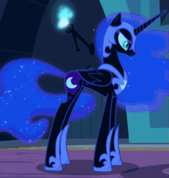 Size: 743x784 | Tagged: safe, screencap, nightmare moon, twilight sparkle, alicorn, pony, g4, the cutie re-mark, animated, blinking, concave belly, cropped, cute, ethereal mane, ethereal tail, female, folded wings, gif, height difference, helmet, hoof shoes, jewelry, long legs, looking down, majestic, mare, peytral, princess shoes, regalia, side view, skinny, slim, solo focus, starry mane, starry tail, tail, tall, thin, twilight sparkle (alicorn), wings