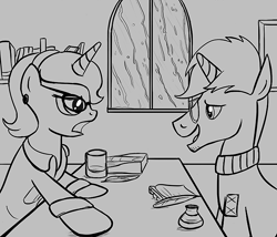 Size: 700x600 | Tagged: safe, artist:sirvalter, trenderhoof, oc, oc:professor beaker, pony, unicorn, fanfic:steyblridge chronicle, g4, black and white, book, bookshelf, clothes, duo, ear piercing, fanfic, fanfic art, female, glass, glasses, grayscale, hooves, horn, illustration, lab coat, male, mare, monochrome, office, open mouth, piercing, quill, rain, research institute, scientist, sitting, stallion, window