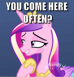 Size: 409x420 | Tagged: safe, edit, edited screencap, screencap, princess cadance, pony, g4, my little pony best gift ever, bedroom eyes, blushing, caption, cropped, discovery family logo, female, flirting, image macro, lidded eyes, meme, princess cadance is always horny, question, seductive, seductive look, sexy, solo, stupid sexy princess cadance, text