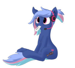 Size: 1440x1296 | Tagged: safe, artist:thekamko, derpibooru exclusive, oc, oc only, oc:bit rate, earth pony, pony, headphones, silly, simple background, sitting, smiling, solo, transparent background, wii, wii remote