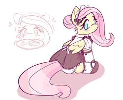 Size: 3425x2789 | Tagged: safe, artist:burgeroise, fluttershy, pony, g4, blush sticker, blushing, clothes, cute, female, food, high res, looking at you, looking back, looking back at you, maid, mouth hold, plewds, shyabetes, sitting, socks, solo, sweat, tray