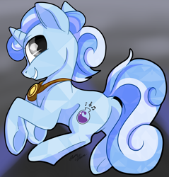 Size: 3120x3265 | Tagged: safe, artist:gleamydreams, oc, oc only, oc:snowy charm, crystal pony, pony, unicorn, high res, looking at you, looking back, male, smiling, smiling at you, solo, stallion