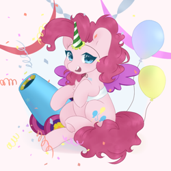 Size: 768x768 | Tagged: safe, artist:hapinkie, pinkie pie, earth pony, pony, g4, magical mystery cure, alicorn costume, balloon, chest fluff, confetti, costume, cute, diapinkes, fake horn, fake wings, female, hat, looking at you, mare, open mouth, party cannon, party hat, simple background, sitting, solo, streamers, white background