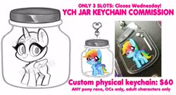 Size: 3081x1669 | Tagged: safe, artist:techycutie, rainbow dash, alicorn, pegasus, pony, g4, commission, cursed image, female, jar, keychain, lewd container meme, photo, sale, the implications are horrible, your character here