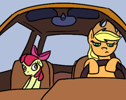 Size: 430x340 | Tagged: safe, apple bloom, applejack, earth pony, pony, g4, a goofy movie, car, disappoint, driving, duo, meme, ponified