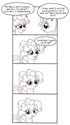 Size: 604x1077 | Tagged: safe, artist:dunkinbean, pinkie pie, rarity, g4, 4th wall break, breaking the fourth wall, comic, looking at you, monochrome