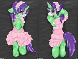 Size: 4000x3000 | Tagged: safe, artist:cloufy, oc, oc only, oc:crescent star, crystal pony, pony, unicorn, blushing, body pillow, body pillow design, clothes, commission, crossdressing, dakimakura cover, dress, glasses
