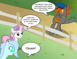 Size: 1280x989 | Tagged: safe, artist:somashield, sweetie belle, oc, oc:gennie, oc:stream, earth pony, pony, unicorn, g4, bag, digital art, engrish, female, filly, hat, horn, looking at each other, male, mare, speech bubble, stallion, tail, text