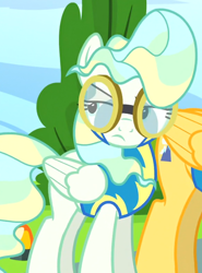 Size: 508x687 | Tagged: safe, screencap, mountain haze, vapor trail, pegasus, pony, g4, top bolt, clothes, cropped, female, folded wings, glare, goggles, looking sideways, mare, solo focus, uniform, vapor trail is not amused, wings, wonderbolt trainee uniform