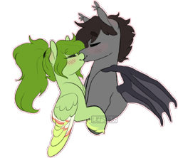 Size: 788x699 | Tagged: safe, artist:liefsong, oc, oc only, oc:lief, oc:windwalker, bat pony, hippogriff, pegasus, pony, blushing, bust, couple, cute, ear blush, eyes closed, feathered fetlocks, kissing, simple background, transparent background, unshorn fetlocks, windsong, wings