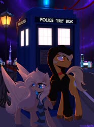 Size: 1700x2300 | Tagged: safe, artist:hakkerman, oc, oc only, oc:mirta whoowlms, earth pony, pegasus, pony, doctor who, duo, lamppost, sonic screwdriver, tardis