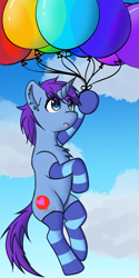 Size: 1080x2160 | Tagged: safe, artist:anonymous, oc, oc only, oc:mobian, pony, unicorn, balloon, chest fluff, clothes, cloud, ear fluff, floating, floppy ears, male, open mouth, outdoors, sky, socks, solo, stallion, starry eyes, striped socks, thigh highs, wingding eyes