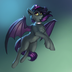 Size: 2000x2000 | Tagged: source needed, safe, artist:nsilverdraws, oc, oc only, oc:blackmour, bat pony, pony, chest fluff, dyed mane, dyed tail, ear fluff, eyeshadow, gradient background, hat, high res, makeup, male, slit pupils, solo, stallion, trap, wings