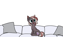 Size: 4392x2580 | Tagged: safe, artist:luxsimx, oc, oc only, oc:efflorescence, bat pony, pony, bat pony oc, bat wings, blushing, couch, cute, cute little fangs, eye clipping through hair, fangs, female, filly, open mouth, piper perri surrounded, simple background, sitting, smiling, solo, transparent background, wings, younger