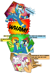 Size: 1083x1599 | Tagged: safe, artist:sneshpone, apple bloom, applejack, rainbow dash, scootaloo, spitfire, sweetie belle, earth pony, pegasus, pony, unicorn, g4, attempted murder, clothes, comic, cutie mark crusaders, goggles, goggles on head, simple background, transparent background, uniform, wonderbolts uniform