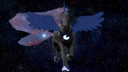 Size: 1280x720 | Tagged: safe, princess luna, alicorn, horse, pony, g4, 1000 years in photoshop, chest plate, crescent moon, ethereal mane, hoof shoes, irl, irl horse, moon, nebula, photo, photoshop, space, starry mane, starry tail, wings