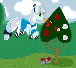 Size: 1200x1077 | Tagged: safe, artist:phasingirl, pegasus, pony, alice, alice in wonderland, bow, clothes, dress, flower, mouth hold, paint, paintbrush, ponified, ribbon, rose, shoes, socks, solo, tail bow, tree