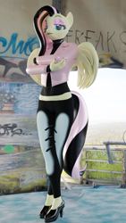 Size: 2430x4320 | Tagged: safe, artist:jdash, fluttershy, anthro, g4, 3d, blender, choker, chokershy, clothes, crossed arms, crossed legs, emoshy, female, jacket, leather jacket, looking at you, makeup, nail polish, nexgen, pants, shoes, solo, standing