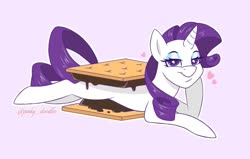 Size: 1009x641 | Tagged: safe, artist:pinkyydoodles, rarity, pony, unicorn, g4, chocolate, female, food, mare, marshmallow, outline, prone, rarity is a marshmallow, s'mores, smiling, solo, waffle
