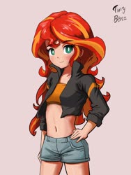 Size: 1536x2048 | Tagged: safe, artist:tinybenz, sunset shimmer, human, equestria girls, g4, belly button, clothes, cute, delicious flat chest, denim shorts, female, hand on hip, jacket, looking at you, midriff, sexy, shimmerbetes, shorts, signature, simple background, solo, sunflat shimmer, teenager, thighs, tomboy, tube top