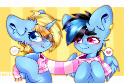 Size: 3000x2000 | Tagged: safe, artist:etoz, oc, oc only, oc:icylightning, oc:skydreams, pegasus, pony, unicorn, blushing, clothes, commission, eyebrows, eyebrows down, female, happy, high res, horn, icydreams, jewelry, lesbian, mare, open mouth, pegasus oc, scarf, shared clothing, shared scarf, simple background, smiling, unicorn oc, wingding eyes, wings, ych result