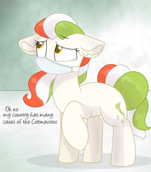 Size: 1172x1340 | Tagged: safe, artist:rainbow eevee, oc, oc only, oc:princess stivalia, pony, coronavirus, covid-19, cropped, cute, face mask, female, floppy ears, italy, mask, nation ponies, ponified, ppe, sad, sick, simple background, solo, surgical mask, teary eyes, yellow eyes