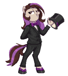 Size: 680x760 | Tagged: safe, artist:thebowtieone, oc, oc only, oc:bowtie, earth pony, anthro, unguligrade anthro, animated, bipedal, clothes, female, gif, hat, mare, pixel art, simple background, solo, suit, top hat, transparent background