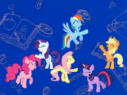 Size: 940x705 | Tagged: safe, artist:greenfavoritecolor, applejack, fluttershy, pinkie pie, rainbow dash, rarity, twilight sparkle, earth pony, pegasus, pony, unicorn, g4, blue background, dancing, fanart, noodle dance, pb&j otter, simple background, unicorn twilight