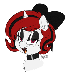 Size: 840x920 | Tagged: safe, artist:zajice, edit, oc, oc only, oc:lilith, pony, succubus, unicorn, bow, bust, collar, ear piercing, eyeshadow, makeup, piercing, simple background, solo, style emulation, tongue piercing, transparent background