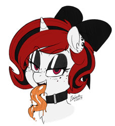 Size: 840x920 | Tagged: safe, artist:zajice, edit, oc, oc only, oc:lilith, pony, succubus, unicorn, bow, bust, collar, drool, drool string, ear piercing, eyeshadow, long tongue, makeup, piercing, solo, style emulation, tongue out, tongue piercing