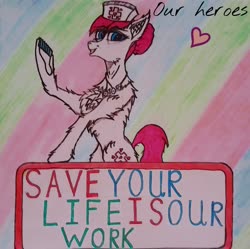 Size: 1770x1766 | Tagged: safe, artist:keshakadens, nurse redheart, earth pony, pony, g4, chest fluff, female, gradient background, mask, solo, surgical mask, text, traditional art