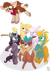 Size: 2020x2872 | Tagged: safe, artist:rainbow eevee, arizona (tfh), oleander (tfh), paprika (tfh), pom (tfh), tianhuo (tfh), velvet (tfh), alpaca, classical unicorn, cow, deer, lamb, reindeer, sheep, unicorn, them's fightin' herds, adorapom, arizonadorable, awwleander, bandana, bell, cloven hooves, collar, community related, curved horn, cute, eyelashes, female, fightin' six, horn, jumping, leonine tail, looking down, looking up, open mouth, paprikadorable, raised leg, scared, simple background, smiling, tianhuaww, transparent background, unshorn fetlocks, vector, velvebetes