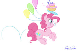 Size: 1366x896 | Tagged: safe, artist:cosmic-rust, pinkie pie, g4, 2012, balloon, cake, food, pronking, simple background