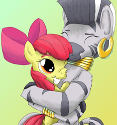 Size: 1491x1584 | Tagged: safe, artist:firefanatic, apple bloom, zecora, earth pony, pony, zebra, g4, affection, big grin, chest fluff, female, filly, fluffy, friendshipping, grin, hug, hugging a pony, platonic, platonic kiss, smiling