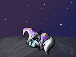 Size: 900x675 | Tagged: safe, artist:cosmic-rust, trixie, pony, g4, cowering, female, night, scared, sky, solo