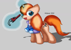 Size: 1280x909 | Tagged: safe, artist:kildaver, pony, unicorn, 2012, artifact, chip and dale rescue rangers, clothes, female, gadget hackwrench, glowing horn, goggles, horn, levitation, magic, magic aura, mare, ponified, solo, telekinesis