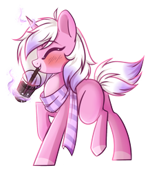 Size: 1012x1162 | Tagged: safe, artist:cloud-fly, oc, oc only, pony, unicorn, blushing, clothes, coffee, eyes closed, female, magic, mare, scarf, simple background, solo, telekinesis, transparent background