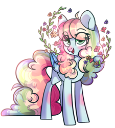 Size: 1028x1144 | Tagged: safe, artist:cloud-fly, oc, oc only, oc:radiant charm, pegasus, pony, eye clipping through hair, female, flower, mare, simple background, solo, transparent background, ych result