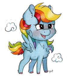 Size: 1240x1317 | Tagged: safe, artist:lightisanasshole, rainbow dash, pegasus, pony, g4, blushing, blushing profusely, cheek fluff, chest fluff, chibi, cloud, colored hooves, determined, ear fluff, female, hoof fluff, open mouth, solo, sticker, tail feathers, traditional art, watercolor painting