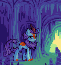 Size: 933x1000 | Tagged: safe, artist:hikkage, oc, oc only, oc:searing cold, kirin, nirik, animated, cave, gif, male, pixel art, solo, transformation