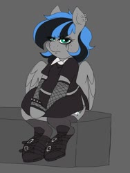 Size: 768x1024 | Tagged: safe, artist:littlebibbo, oc, oc only, oc:bibbo, pegasus, pony, boots, chubby, clothes, ear piercing, female, fishnet stockings, freckles, goth, lidded eyes, looking at you, mare, piercing, plump, shirt, shoes, sitting, skirt, solo, unamused