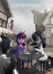 Size: 1731x2417 | Tagged: safe, artist:koviry, bon bon, octavia melody, rarity, sweetie drops, twilight sparkle, alicorn, pony, fanfic:hypoesthesia, g4, commission, desaturated, fanfic, fanfic art, fanfic cover, female, food, lesbian, ponyville, sandwich, ship:rarilight, shipping, twilight sparkle (alicorn), worried
