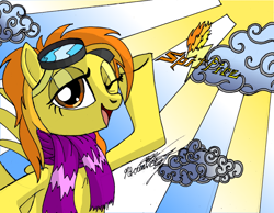 Size: 1200x930 | Tagged: safe, artist:primogenitor34, spitfire, g4, clothes, cloud, goggles, one eye closed, scarf, sun