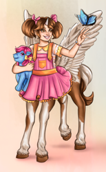 Size: 822x1334 | Tagged: safe, artist:aerodynamict, derpibooru exclusive, bow tie (g1), oc, oc:beau spark, butterfly, centaur, g1, alitaur, blouse, bracelet, brown eyes, brown hair, clothes, coat markings, commission, dress, female, freckles, frilly dress, hair ribbon, horn, jewelry, pegasus wings, pegataur, piebald coat, pigtails, pinto, plushie, simple background, smiling, unicorn horn, unitaur, unshorn fetlocks, wings, wings raised, young