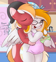 Size: 2464x2712 | Tagged: safe, artist:an-tonio, oc, oc:gray sketch, oc:rita cloudy, oc:vector cloud, pony, apron, bipedal, blushing, cheek kiss, clothes, cooking, female, glasses, high res, housewife, kissing, male, oc x oc, one eye closed, ritay, shipping, straight