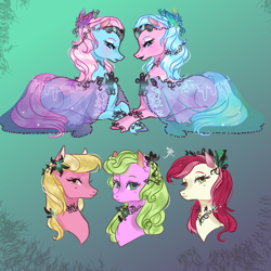 Size: 2000x2000 | Tagged: safe, artist:bunnari, aloe, daisy, flower wishes, lily, lily valley, lotus blossom, roseluck, butterfly, earth pony, pony, g4, bust, clothes, female, high res, mare, portrait, prone, see-through