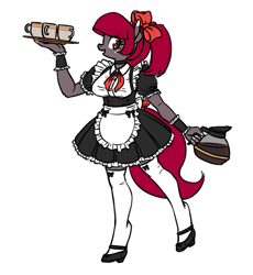 Size: 1280x1390 | Tagged: safe, artist:king-kakapo, oc, oc only, oc:rosemary, earth pony, anthro, unguligrade anthro, bow, choker, clothes, coffee, cup, dress, female, hair bow, looking at you, maid, mare, mary janes, shoes, simple background, socks, solo, stockings, thigh highs, white background
