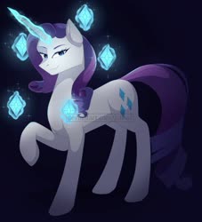 Size: 1920x2115 | Tagged: safe, artist:sunriseauburn, rarity, pony, unicorn, g4, bedroom eyes, cutie mark, dark background, diamond, female, gem, glowing, horn, long horn, looking at you, magic, mare, sharp horn, signature, simple background, smiling, solo