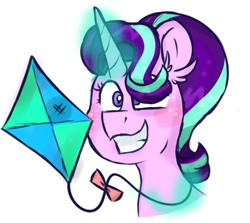 Size: 592x529 | Tagged: safe, artist:honneymoonmlp, derpibooru exclusive, starlight glimmer, pony, unicorn, g4, bust, female, glowing horn, horn, kite, simple background, smiling, solo, that pony sure does love kites, white background