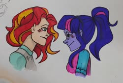 Size: 1280x867 | Tagged: safe, sci-twi, sunset shimmer, twilight sparkle, equestria girls, g4, blushing, clothes, female, lesbian, ship:sci-twishimmer, ship:sunsetsparkle, shipping, traditional art